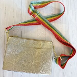 Boden Clementine Gold Metallic Pebble Leather Rainbow Strap Cross-Body Bag Purse